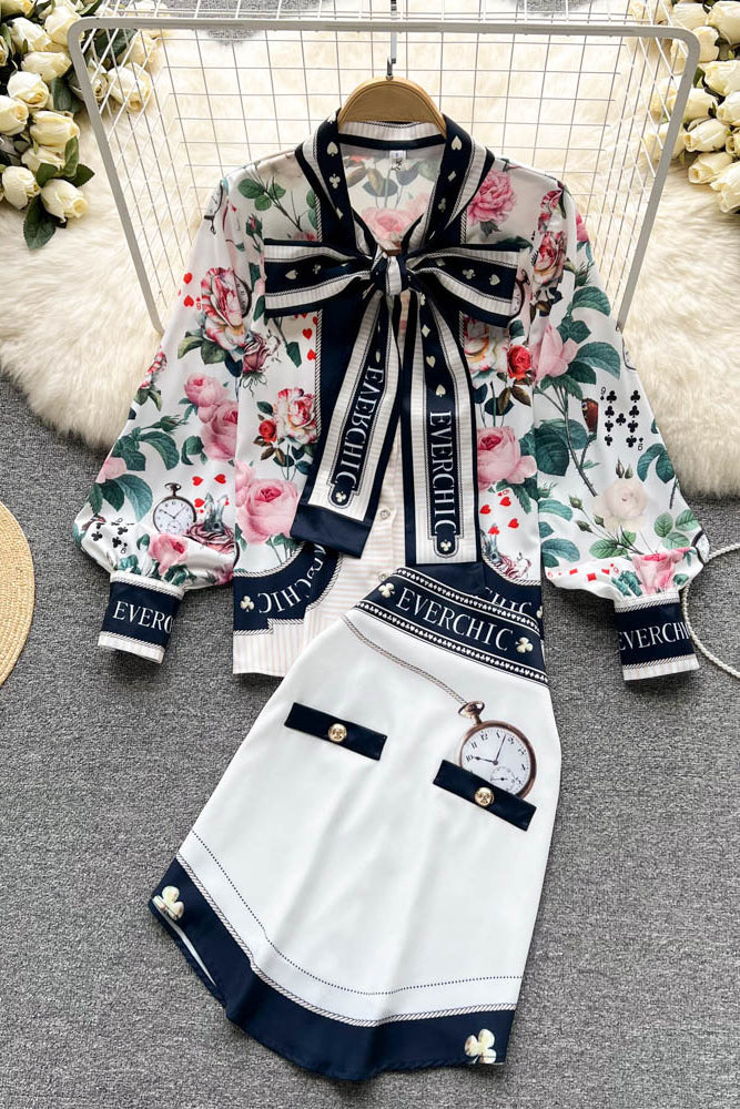 Print Long Sleeve Bow Shirt Irregular Skirt Set Two-Piece