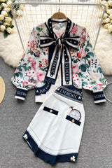 Print Long Sleeve Bow Shirt Irregular Skirt Set Two-Piece