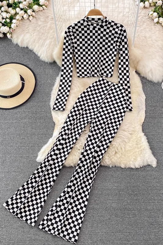 Plaid Long Sleeve Crop Top Pants Trousers Set Two-Piece