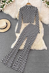 Plaid Long Sleeve Crop Top Pants Trousers Set Two-Piece