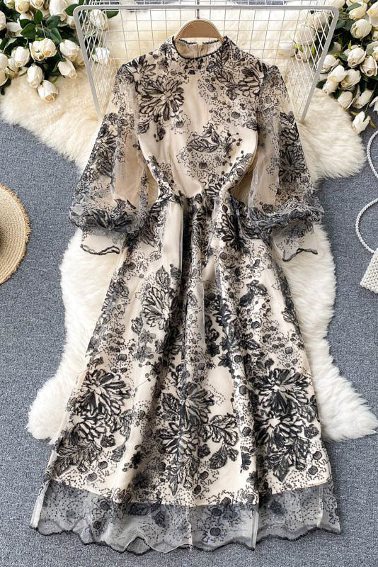 Embroidery Gauze Long Sleeve Maxi Dress
