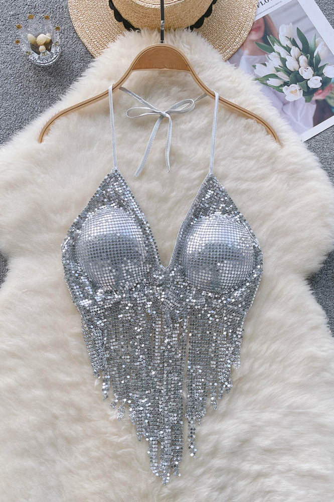 Sequin Strap Strappy Halter Tassel Cami Crop Vest Tank Tops