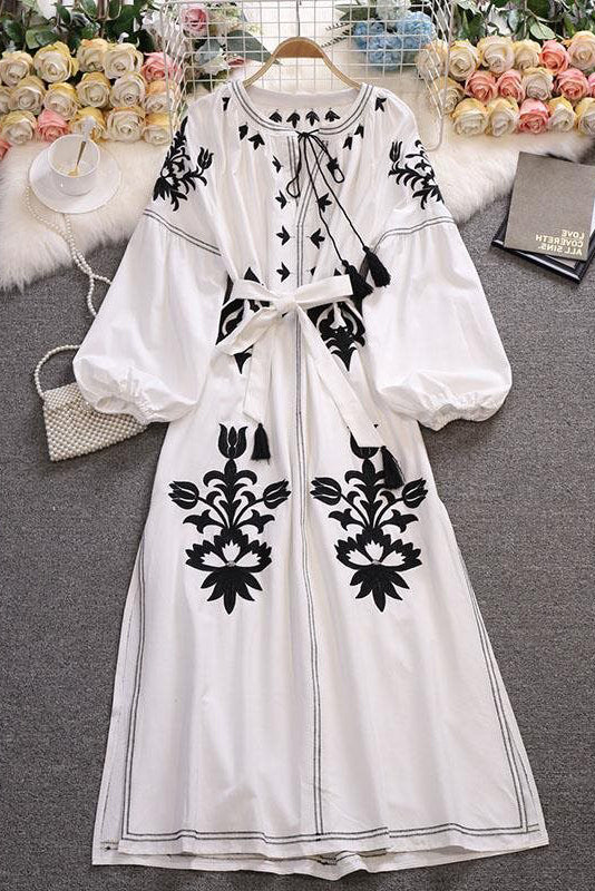Ethnic Embroidery Tassel Long Sleeve Maxi Dress
