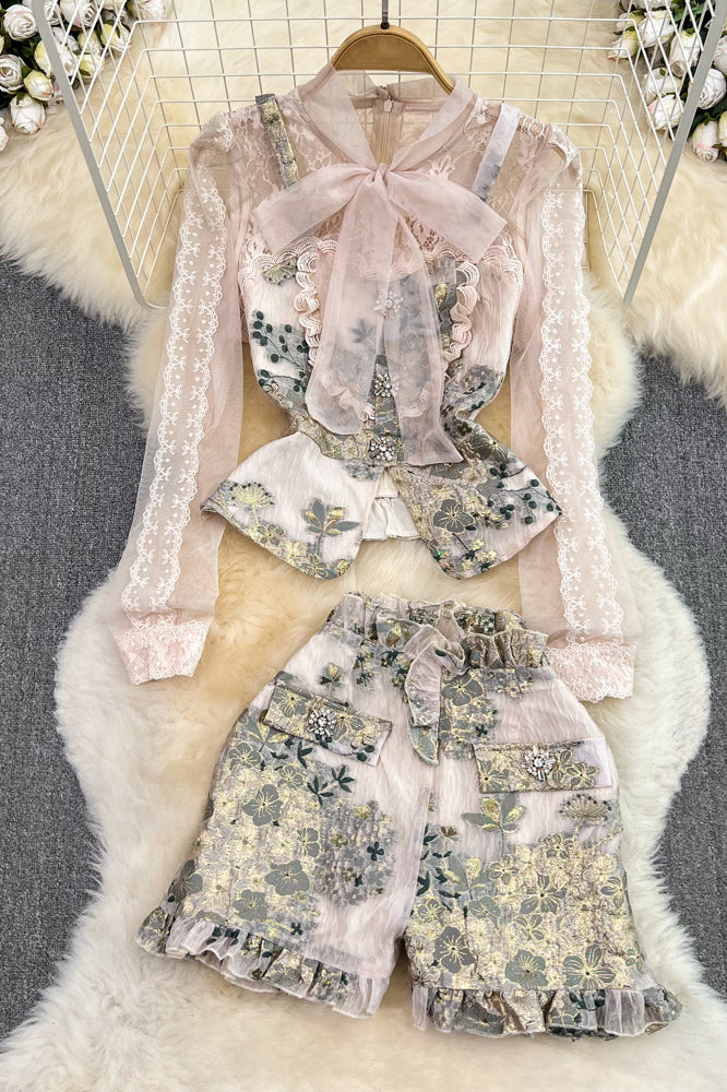 Bow Flower Embroidery Tops Shorts Set Two-Piece