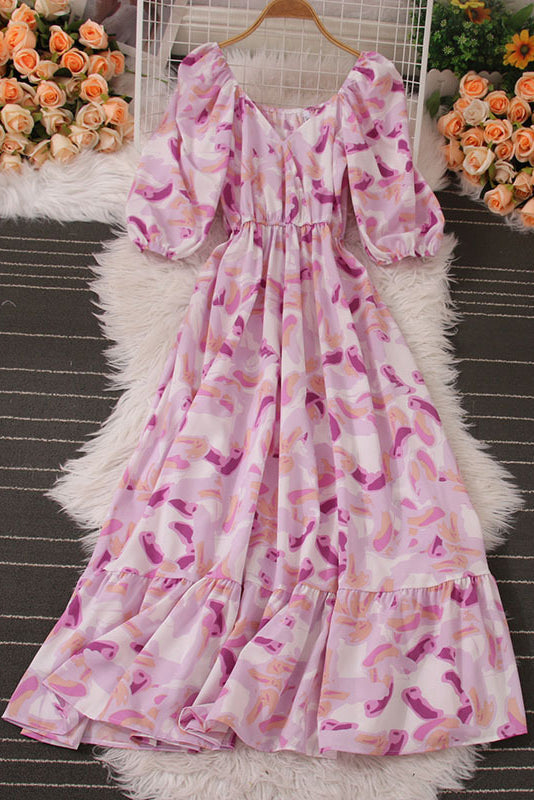 V-Neck Short Sleeve Ruffle Maxi Dress
