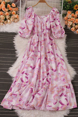 V-Neck Short Sleeve Ruffle Maxi Dress