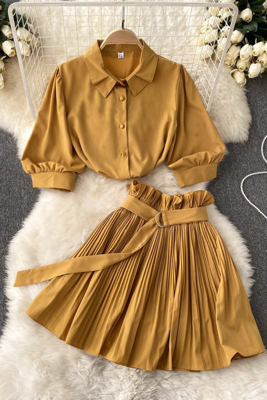 Short Sleeve Shirt Tops Pleated Skirt Set Two-Piece
