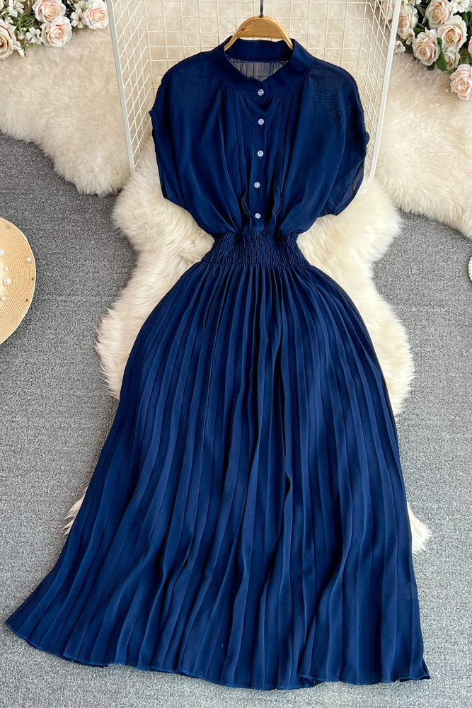 Short Sleeve Buttons Pleated Maxi Dress