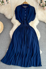 Short Sleeve Buttons Pleated Maxi Dress