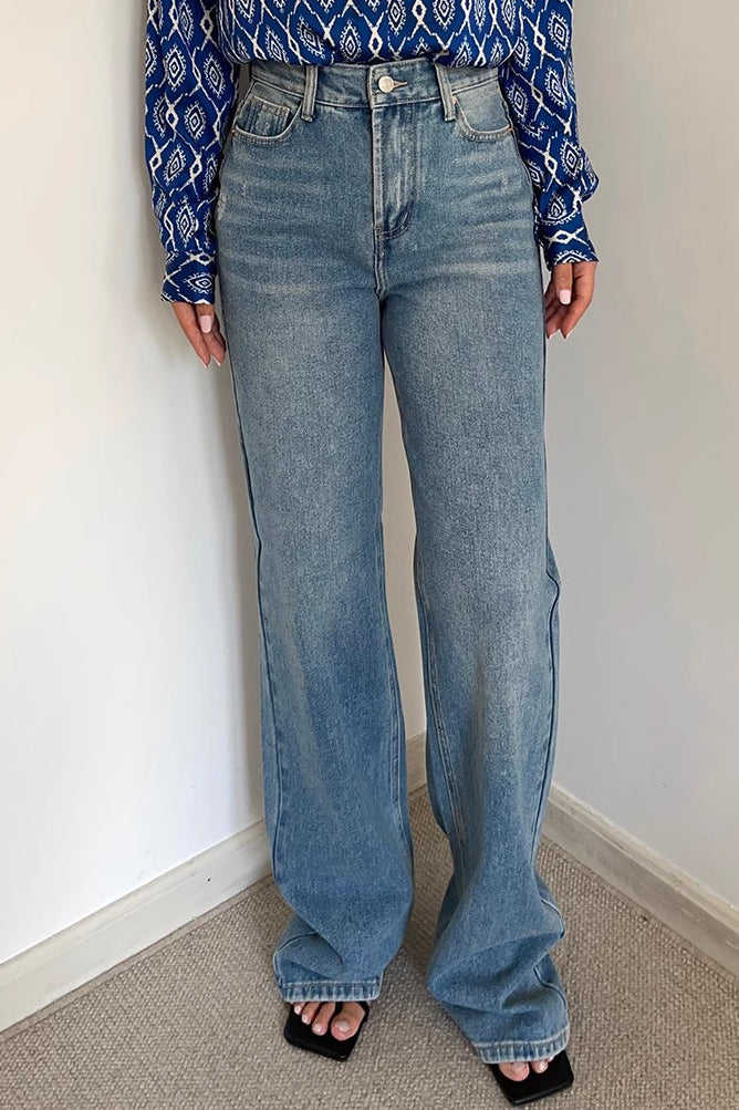 High Waist Buckle Detail Straight Leg Jeans