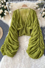 V-Neck Ruffle Long Sleeve Tops