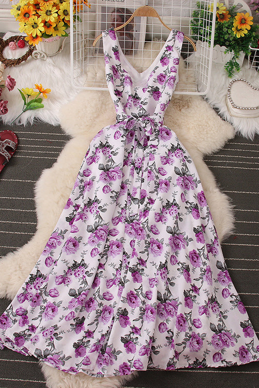 Flower Print Sleeveless Strappy Maxi Dress