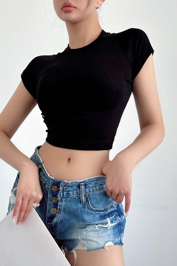 Scoop Neck Short Sleeve Crop Tops