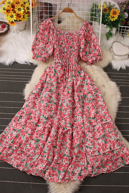 Floral Short Sleeve Ruffle Maxi Dress