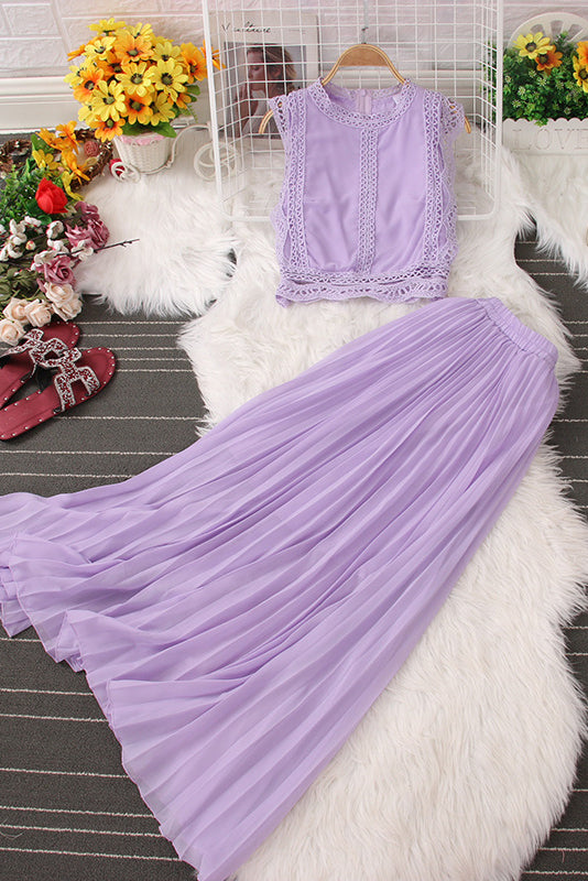 Sleeveless Lace Vest Tank Top Ruffle Skirt Set Two-Piece