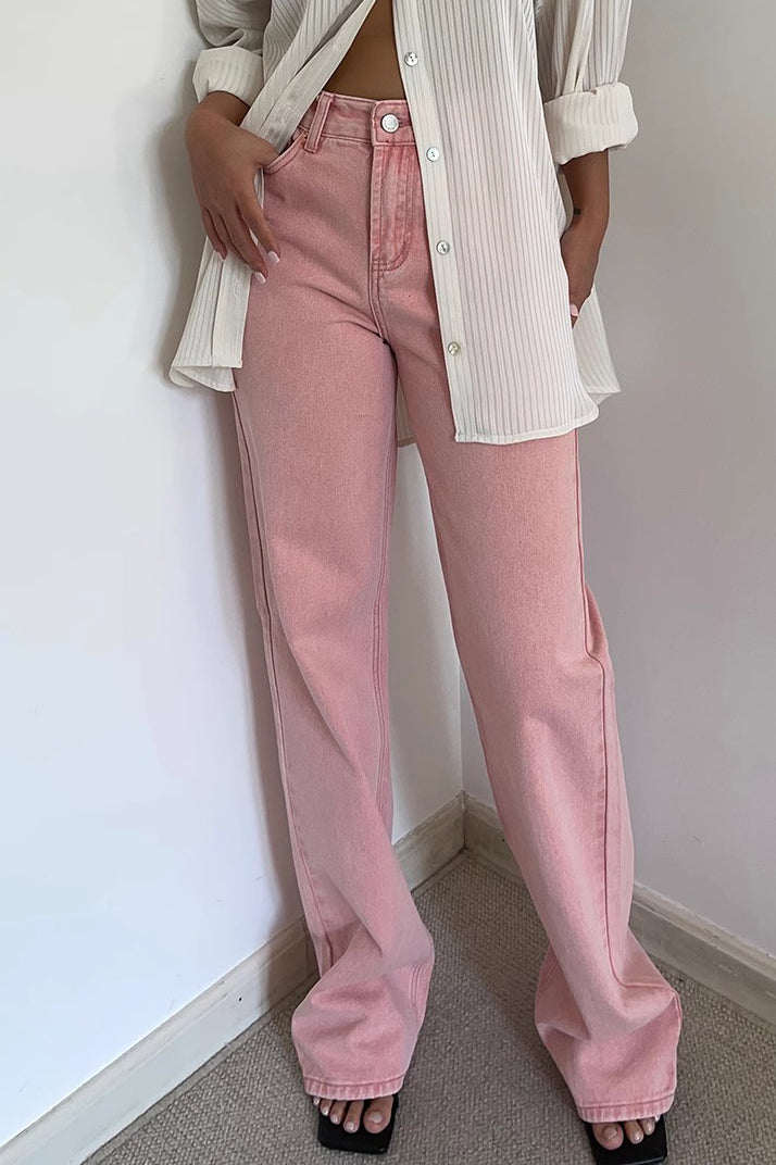 High Waist Buckle Detail Straight Leg Jeans