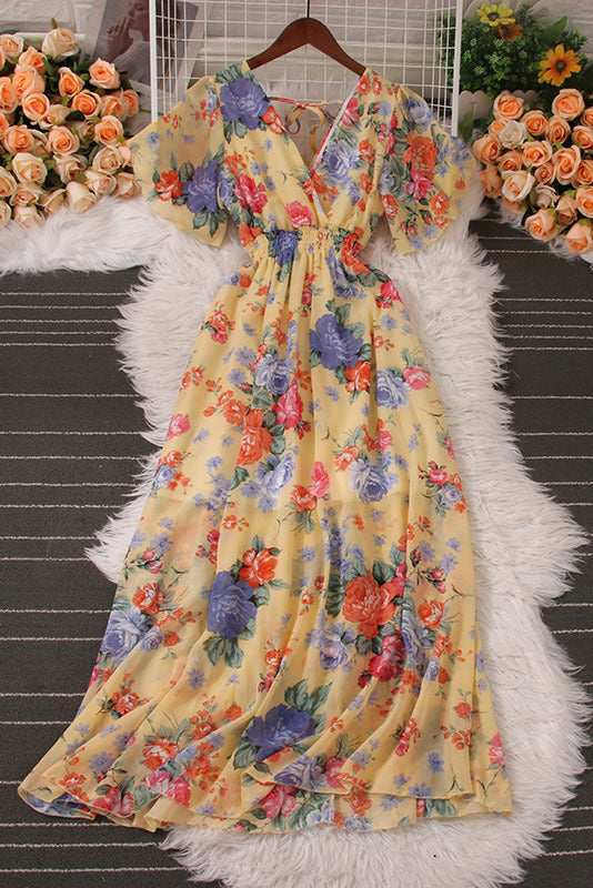 Chiffon Print V-Neck Short Sleeve Dress