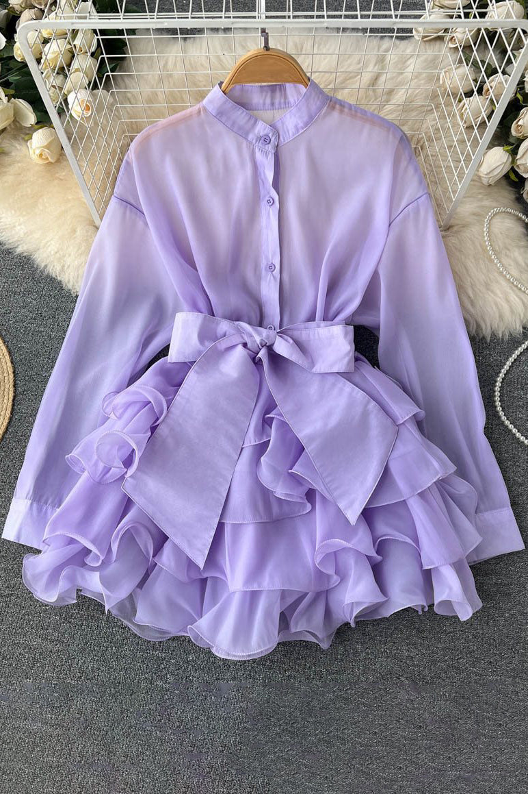 Lace Bow Strappy Long Sleeve Mini Dress