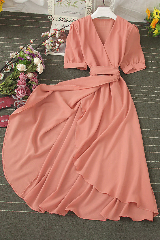 V-Neck Short Sleeve Strappy Irregular Dress