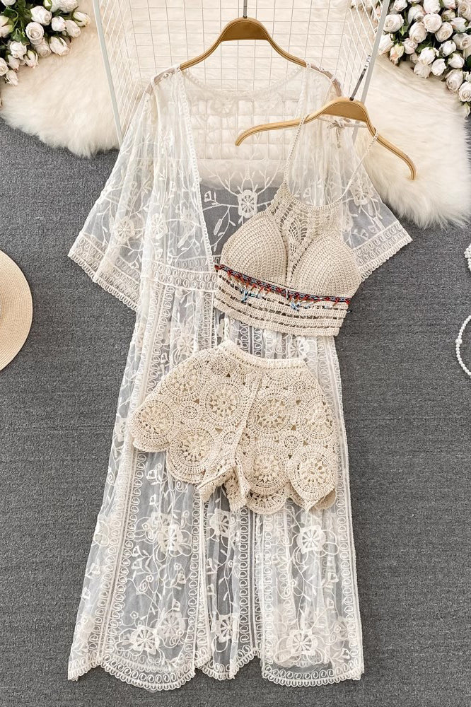 Beach Embroidery Vest Tank Top Shorts Long Cardigan Three-Piece