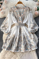Retro V-Neck Long Sleeve Print Mini Dress