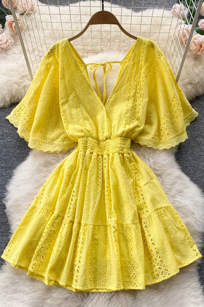 V-Neck Hollow Backless Short Sleeve Mini Dress