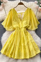 V-Neck Hollow Backless Short Sleeve Mini Dress