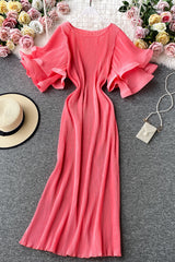 Lace Pleated Short Sleeve Maxi Dress