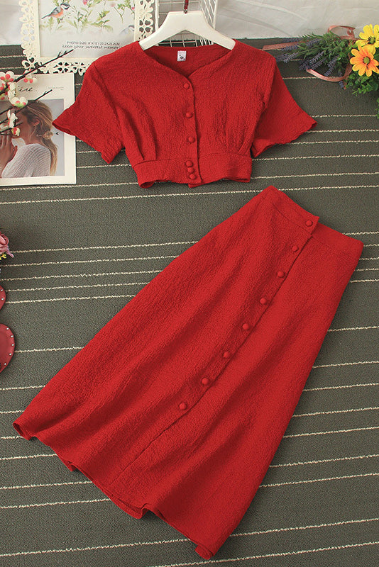 Short Sleeve Buttons Crop Tops Skirt Set Two-Piece