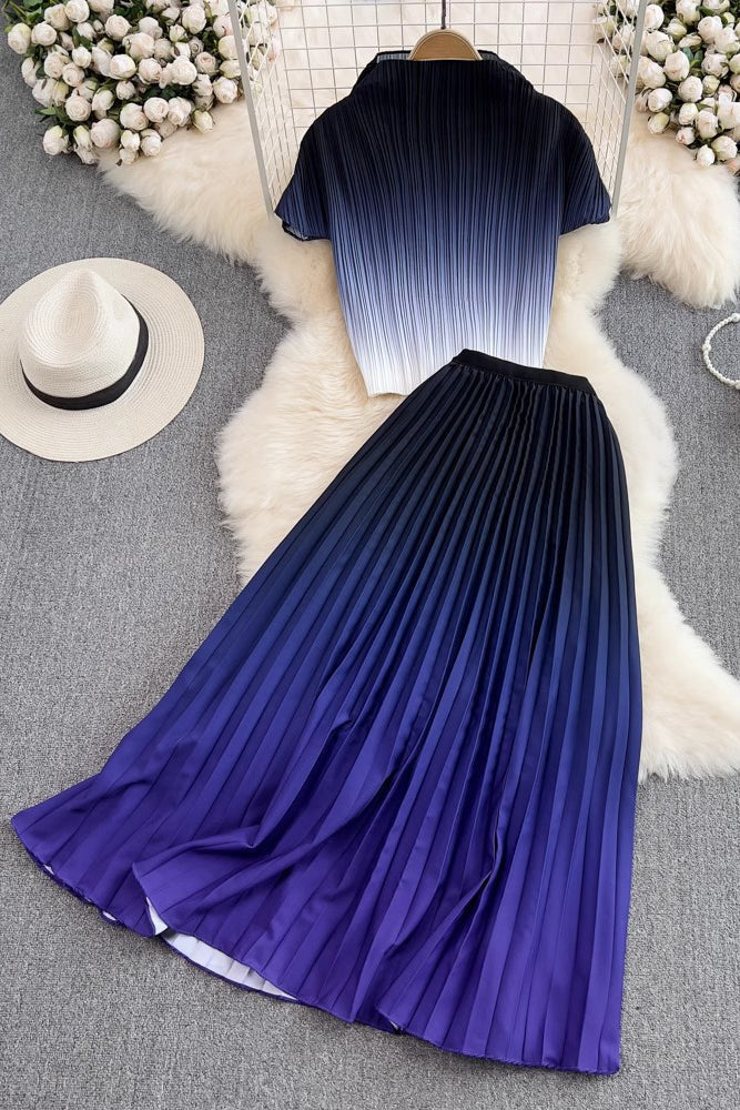 Gradient Color Short Sleeve Tops Skirt Set Two-Piece