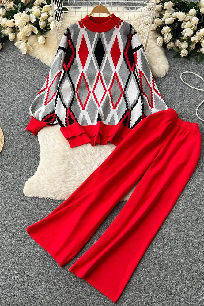 Retro Crochet Top Sweater Pullover Pants Trousers Set Two-Piece