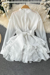 Lace Bow Strappy Long Sleeve Mini Dress