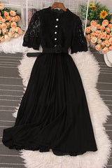 Retro Lace Hollow Short Sleeve Pleated Maxi Dress
