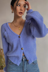 Rib-knit Buttoned Front V Neck Sweater Cardigan Outwear