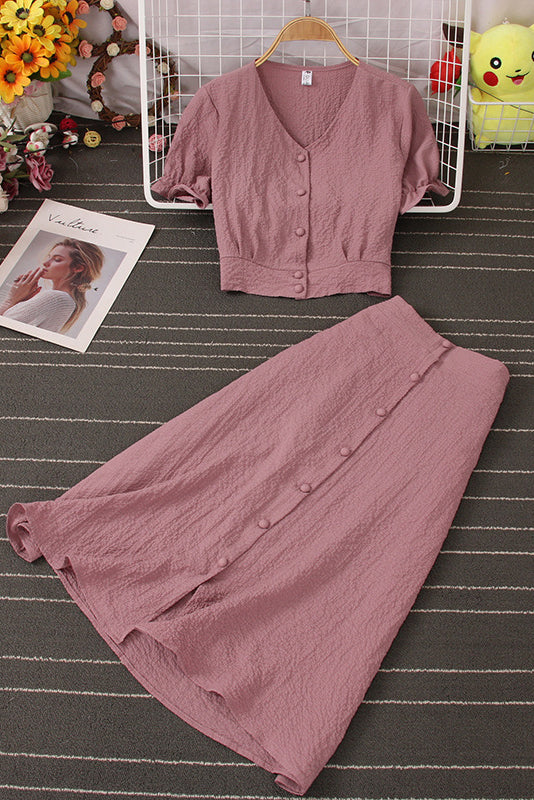 Short Sleeve Buttons Crop Tops Skirt Set Two-Piece