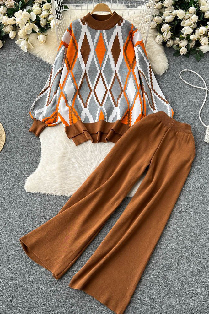 Retro Crochet Top Sweater Pullover Pants Trousers Set Two-Piece
