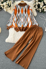 Retro Crochet Top Sweater Pullover Pants Trousers Set Two-Piece