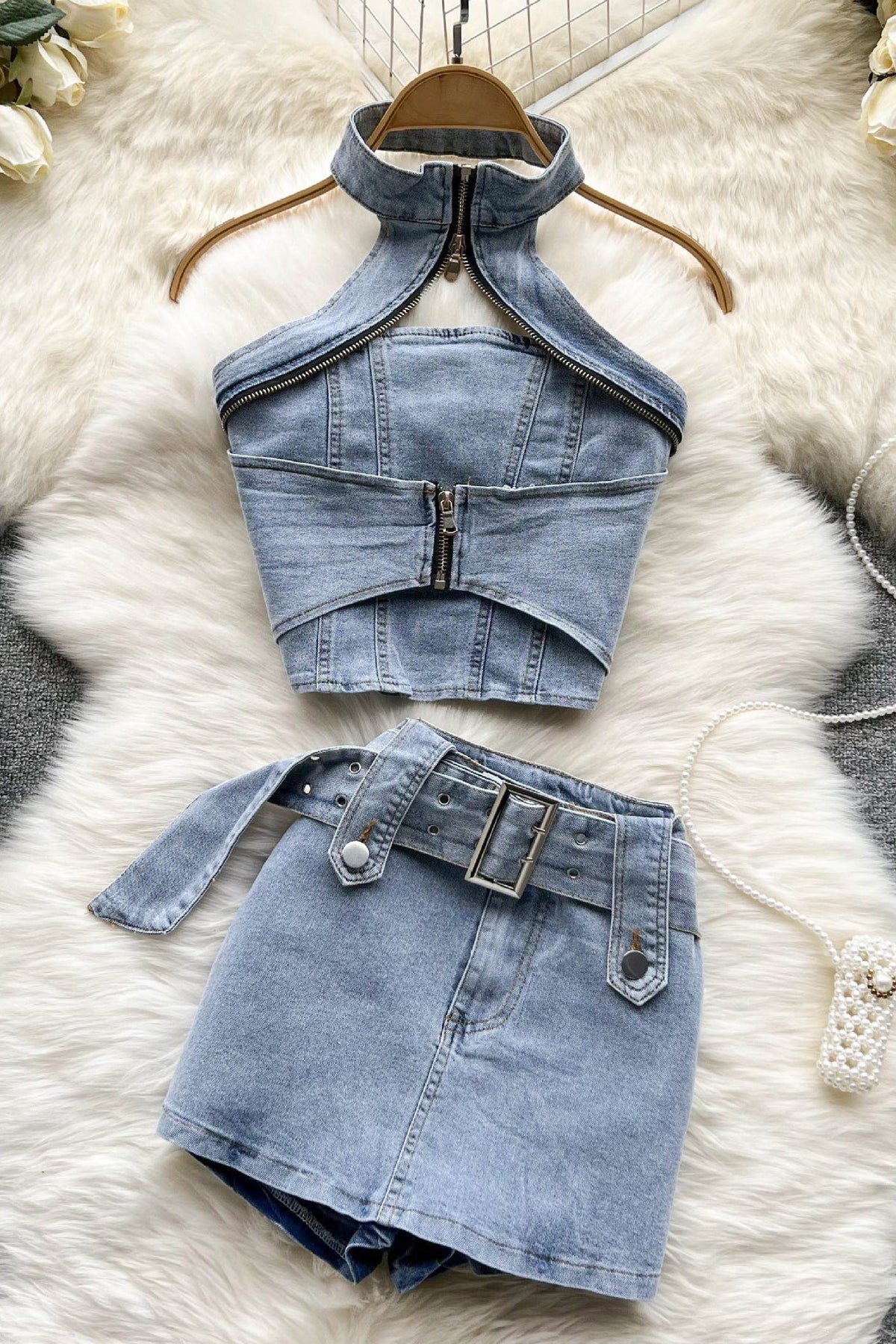 Retro Denim Hollow Halter Vest Tank Top Skirt Set Two-Piece