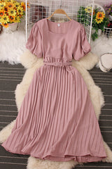 Square Collar Short Sleeve Pleated Maxi Dress