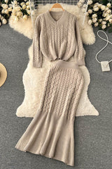 V-Neck Long Sleeve Top Sweater Skirt Set Two-Piece