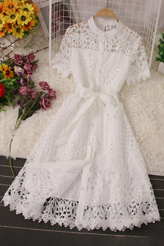 Lace Hollow Short Sleeve Buttons Maxi Dress