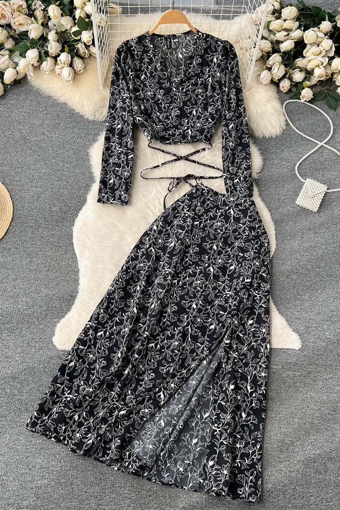 Long Sleeve Strappy Crop Tops Skirt Set Two-Piece