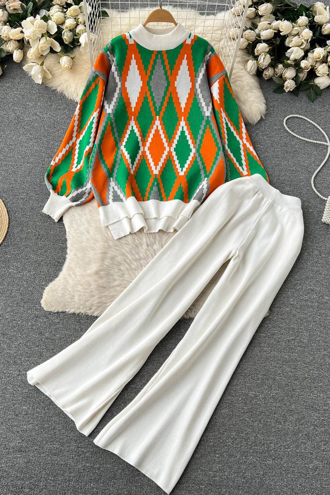Retro Crochet Top Sweater Pullover Pants Trousers Set Two-Piece