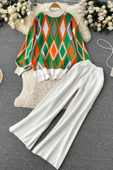 Retro Crochet Top Sweater Pullover Pants Trousers Set Two-Piece