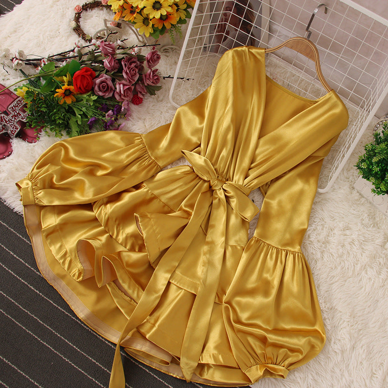 V-Neck Long Sleeve Ruffle Strappy Mini Dress
