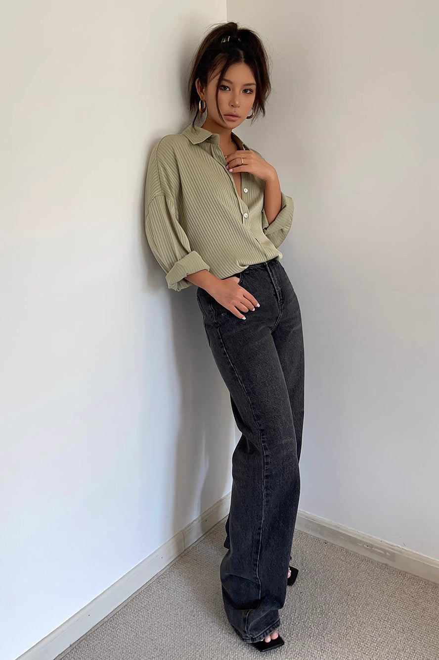 High Waist Buckle Detail Straight Leg Jeans