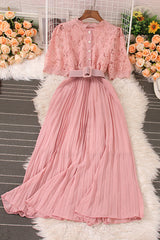 Retro Lace Hollow Short Sleeve Pleated Maxi Dress
