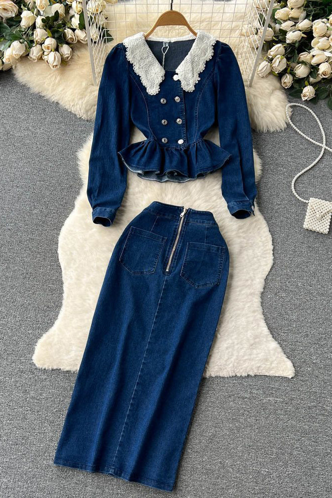 Lace Neck Buttons Long Sleeve Jeans Top Jeans Skirt Set Two-Piece