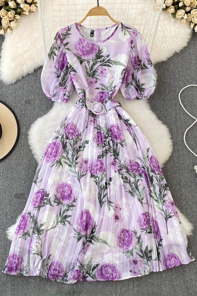 Flower Print Short Sleeve Pleated Dress