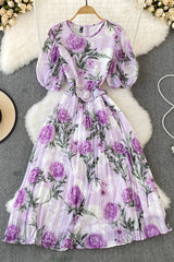 Flower Print Short Sleeve Pleated Dress